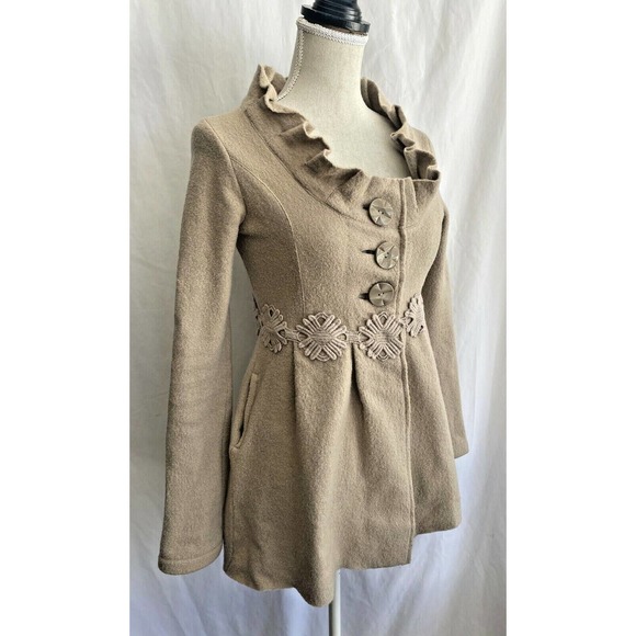 Charlie & Robin Anthropologie Tan Brown Boiled Wool Ruffle embroidered Jacket S - Picture 2 of 4